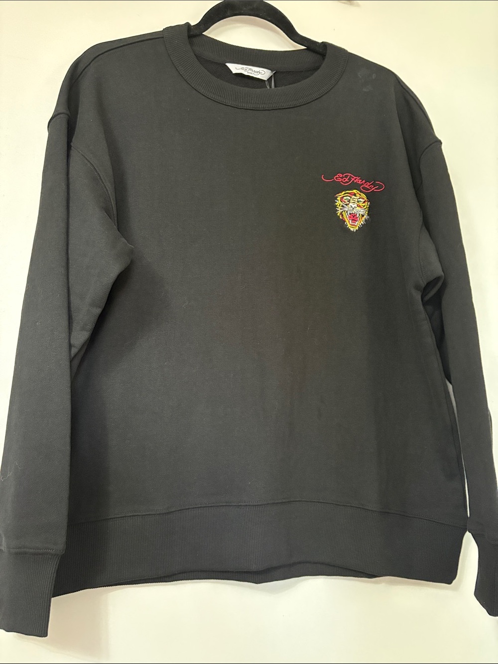 Ed Hardy Black Crewneck Sweater with Small Tiger Patch